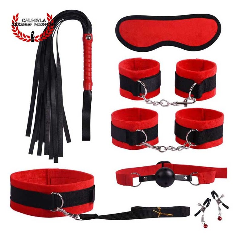 Kit Set Rojo para Juegos Sometimiento BDSM Esposas, Latigo, Mordaza y Mas Sado Bondage