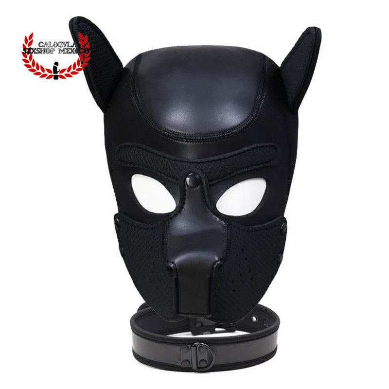 Mascara con collar de Perrito Negro BDSM para Sometimiento Bondage Juegos de Rol BDSM Macara Caucho