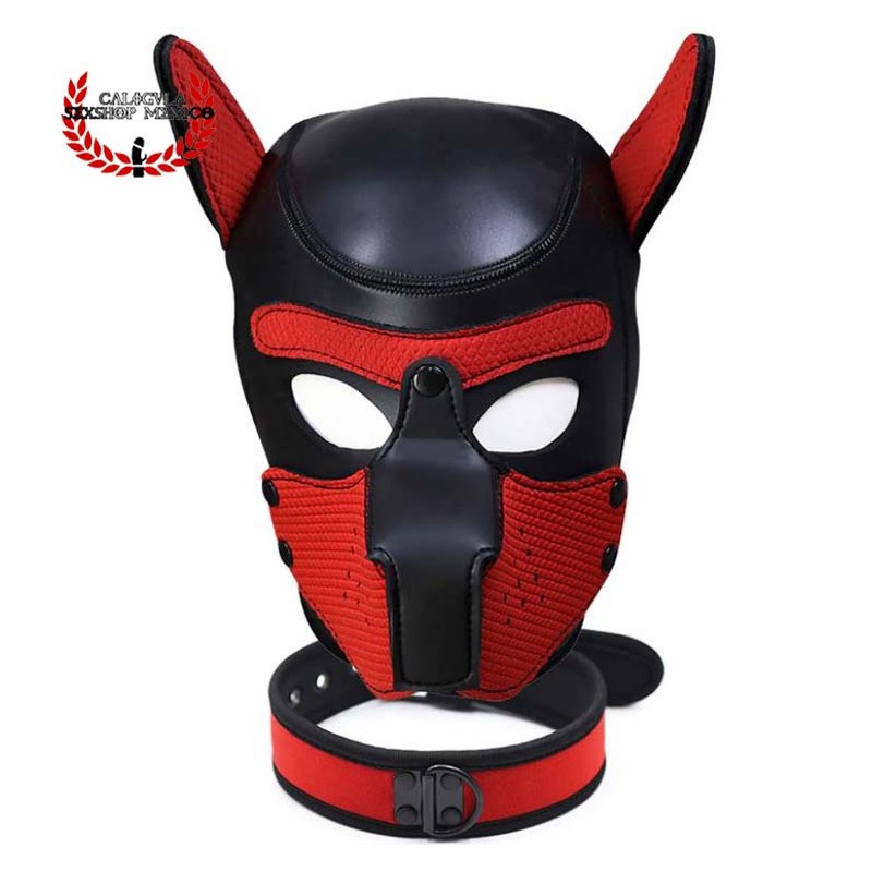 Mascara con collar de Perrito Rojo BDSM para Sometimiento Bondage Juegos de Rol BDSM Mascara Caucho