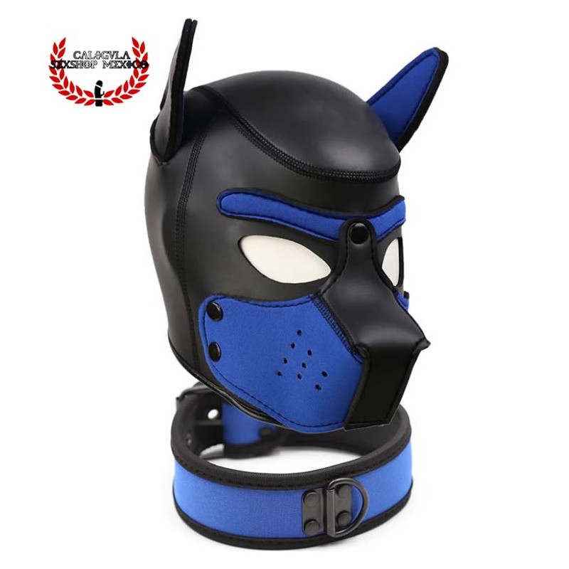 Mascara Azul con collar de Perrito BDSM para Sometimiento Bondage Juegos de Rol BDSM Mascara Caucho