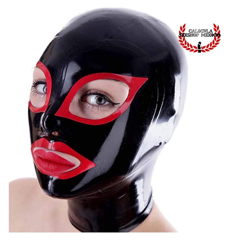 Mascara de Látex negra contorno ojos y boca en Rojo Capucha Mascara BDSM de Látex Unisex Hood