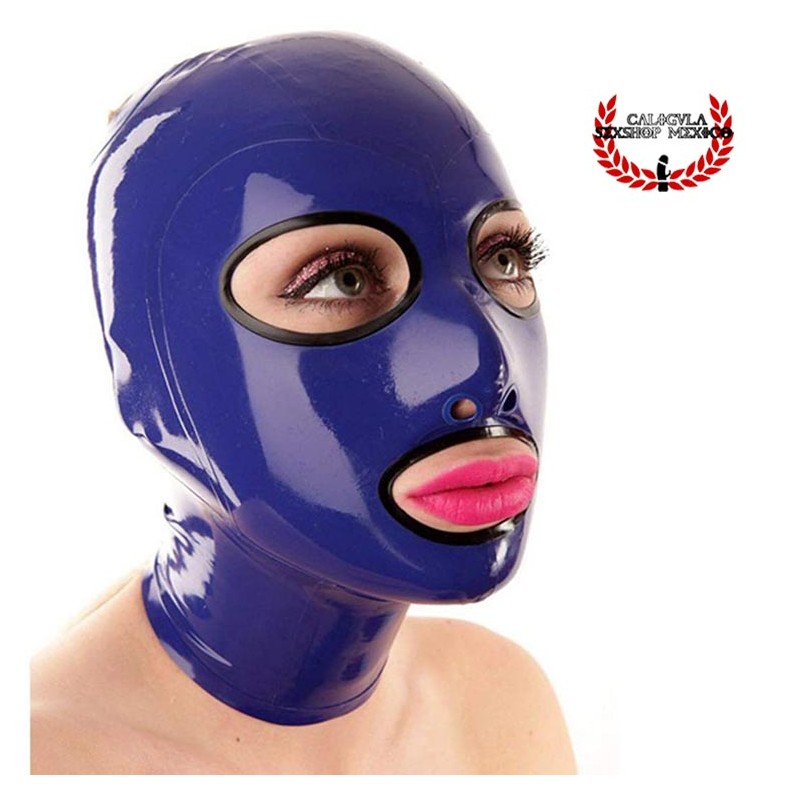 Mascara de Látex Morado contorno ojos y boca en Negro Capucha Mascara BDSM de Látex Unisex Hood