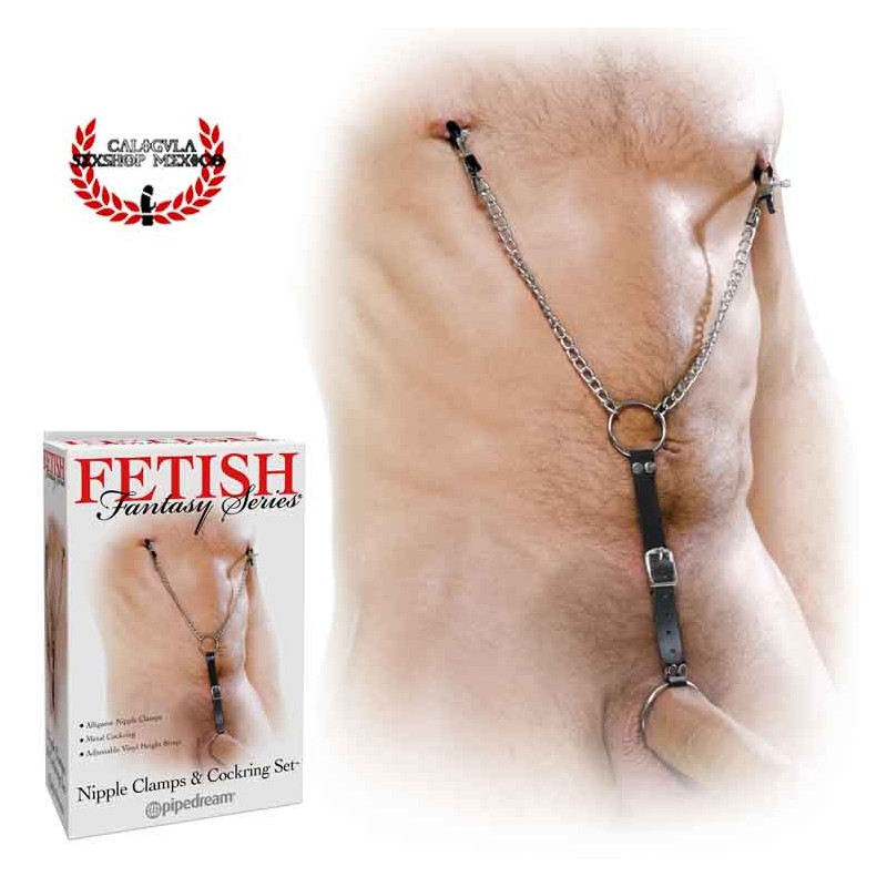 Pinzas para Pezón con cadena y anillo para pene BDSM Fetish Fantasy Nipple Clamps and Cockring Set de Pipedream