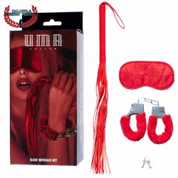 Latigo Esposas Metalicas Antifaz BDSM Kit Básico Bondage Rojo